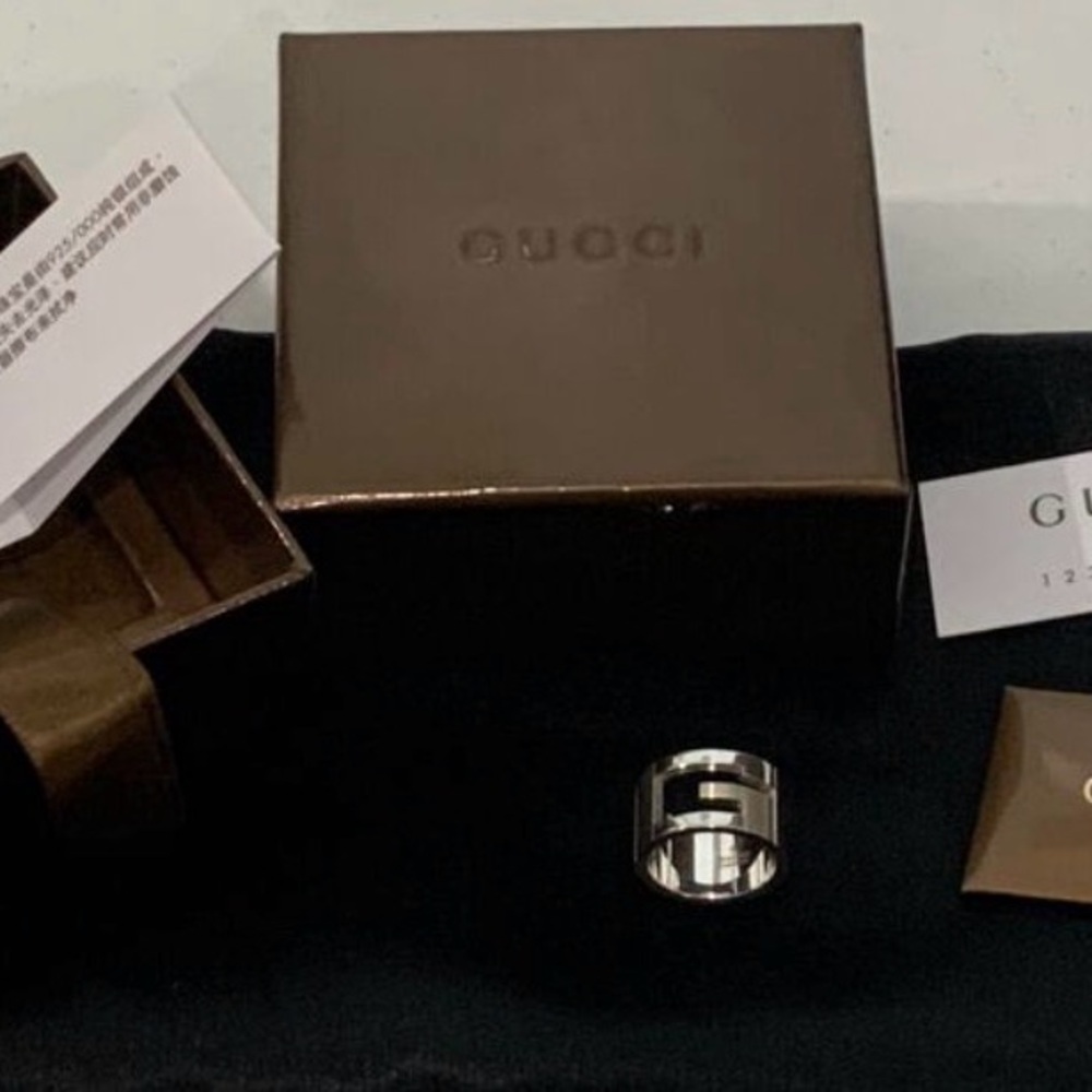 New GUCCI Silver 925 Cut Out Logo Ring US Sz 6.5/Sz 13